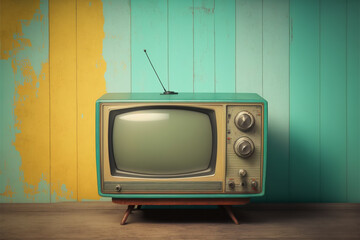 TV room. Vintage television on a painted wall background.