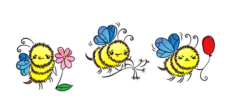 Kawaii Flying Bee with various things. Cartoon isolated on white background. Cute doodle illustration