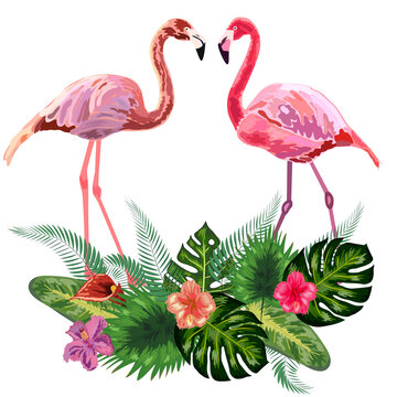 Pair of flamingos and flowers © MichiruKayo