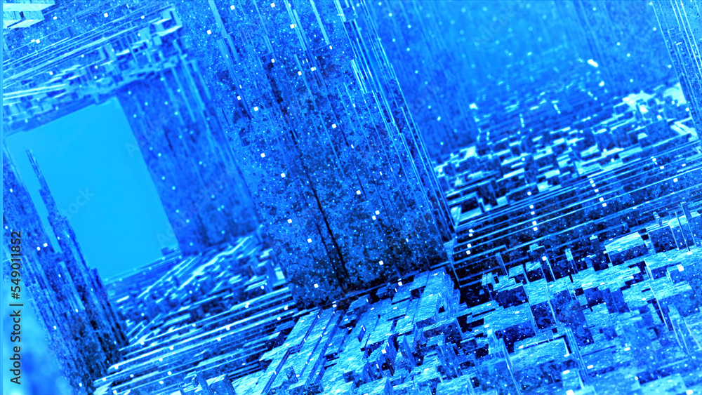 Poster purple and blue background. motion. bright cuts of broken off squares into tunnels running and sprea
