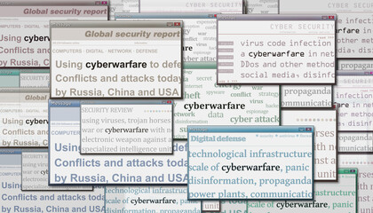 Headline titles media with Cyberwarfare 3d illustration