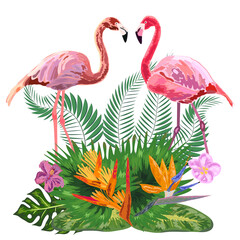 Pair of flamingos and flowers