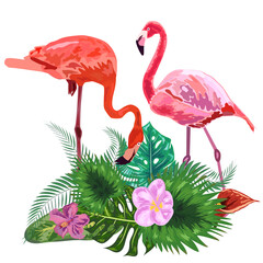 Pair of flamingos and flowers