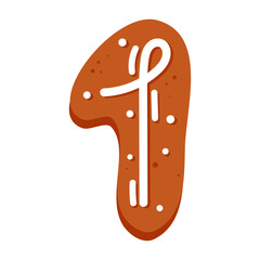 Number one made of glazed gingerbread festive font symbol of happy new year and christmas. Vector hand drawn cartoon illustration