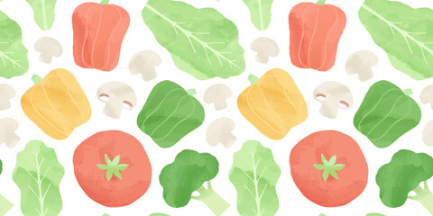 Vegetable watercolor drawing seamless pattern. Hand drawn cooking ingredient background illustration for restaurant, food recipe or healthy eating concept. Includes broccoli, mushroom and tomato.