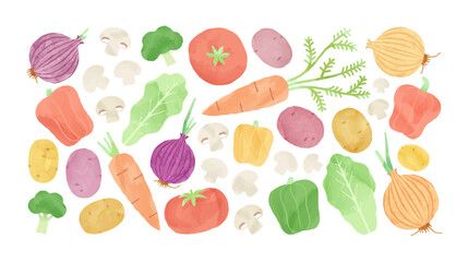 Set of hand drawn vegetable watercolor painting elements. Common organic cooking ingredient collection for restaurant, food recipe or healthy eating concept. Includes carrot, tomato and potato.