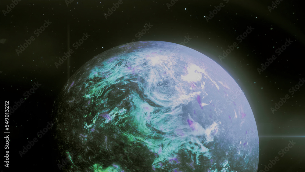 Poster a bright view of space . motion . a beautiful planet rotates in an animation that shimmers with brig