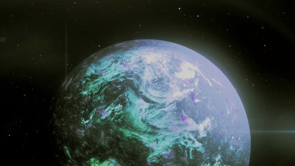 A bright view of space . Motion . A beautiful planet rotates in an animation that shimmers with bright shades and colors.