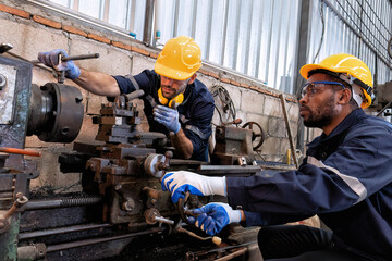In robotic maintenance repair engineer lathe machine fabricate part and vernier caliper measuring