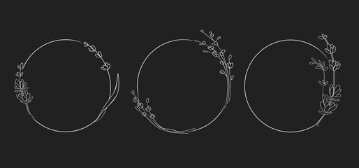Line art Flowers Wreath Frame on black background. Lavender wreath outline. Wedding Circle border vector. Thin elegant wreath