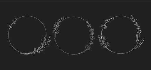 Line art Flowers Frame on black background. Lavender wreath outline. Wedding Circle border vector