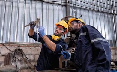 In robotic repair shop engineer use drilling machine fabricate part and vernier caliper measuring