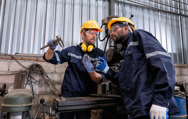 In robotic repair shop engineer use drilling machine fabricate part and vernier caliper measuring