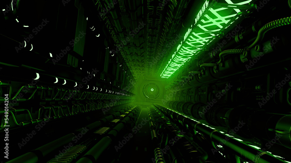 Poster green background. motion.a bright tunnel with light illumination in animation that moves from the in