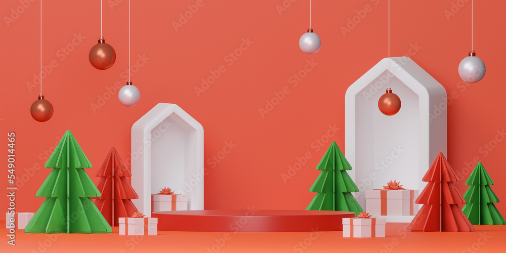 Poster 3d podium display. christmas festival background minimal style for product branding. mock up scene a