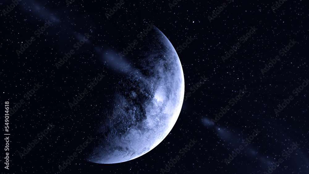 Poster rotating cold planet in space. motion. 3d planet rotates on background of space and flow of particle