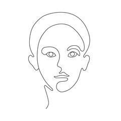Linear art of the girl's face. Silhouette of a woman. Contour. Model. Portrait. Fashion. One line. Trending vector illustration.
