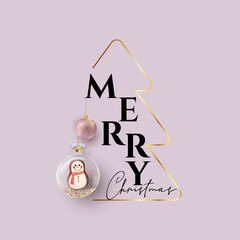 Luxury Elegant Merry Christmas and happy new year hand drawn card with Shining Gold Snowflakes and balls on pink background. Vector illustration. Snowflake frame and sparkles. Gold christmas balls.