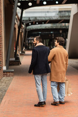 back view of fashionable gay couple with shopping bags on city street.