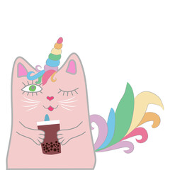  funny pink cat unicorn. Concept of miracles and magic.