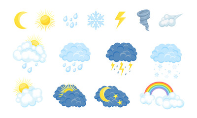 Weather icons. Meteorology forecast pictogram vector set. Symbols of rain, rainbow, sun, moon, winter snow, cloud, wind, lightning.