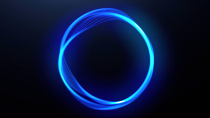 Black background . Motion . A bright neon ring in animation that moves apart in different directions and draws patterns with bright rays.
