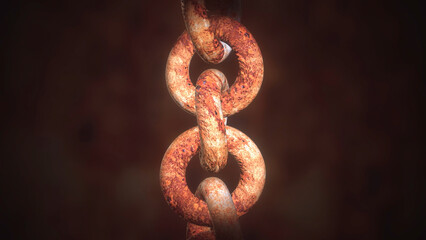 Dark background. Motion.A rusty white large chain in the animation that rotates.