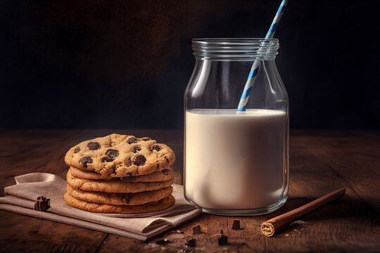 chocolate chip cookies next to milk glass