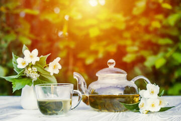 Philadelphus or garden jasmine flowers, healthy herbal tea cup of hot tea. Romantic dinner with therapeutic fragrant tea.