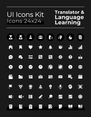 Fototapeta na wymiar Language learning white glyph ui icons set for dark mode. Silhouette symbols on black background. Solid pictograms for web, mobile. Vector isolated illustrations. Montserrat Bold, Light fonts used