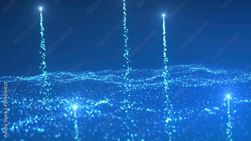Poster bright glowing dots in stream. motion. energy flow with bright particles and moving dots. energy or 