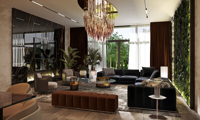 3D visualization of a luxurious living room in a modern style