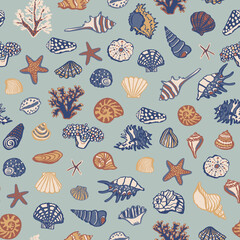 Shells, corals sea vector seamless pattern.