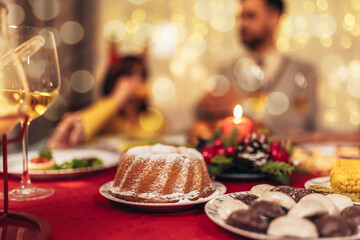 Pound cake Christmas dessert sweet bread on dinner table.