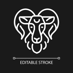 Ram head pixel perfect white linear icon for dark theme. Aries zodiac animal. Horoscope sign. Horned mammal. Thin line illustration. Isolated symbol for night mode. Editable stroke. Arial font used