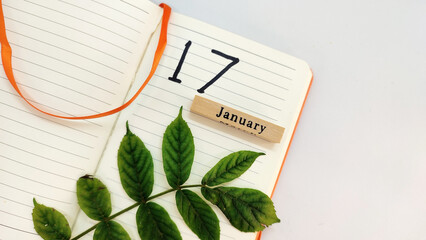 concept design with green leaves,notebook, and january 17 with white backgroud