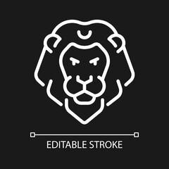 Lion head pixel perfect white linear icon for dark theme. Zodiac sign of western astrology. Majestic animal. Thin line illustration. Isolated symbol for night mode. Editable stroke. Arial font used