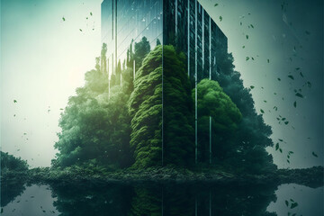 Green city - double exposure of lush green forest and modern skyscrapers windows
