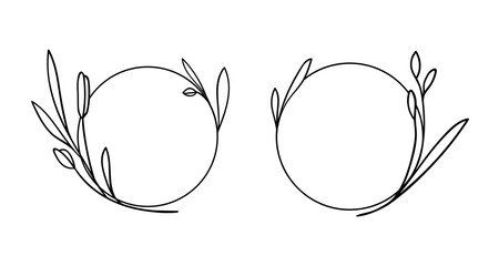 Vector Flowers Wreath Frame line art on white background. Leaves wreath outline. Wedding Circle border vector. Vector elegant wreath