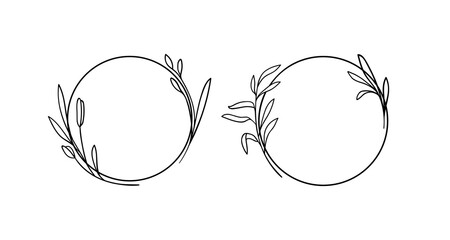 Flowers Wreath Frame line art on white background. Leaves wreath outline. Wedding Circle border vector. Vector elegant wreath