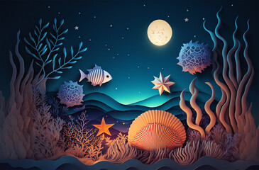 Fototapeta premium Illustration in paper cut craft style of Beautiful underwater sea or ocean scene at night time with fish, seashell, seaweed glow light , moon 