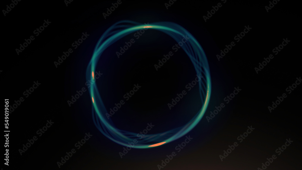 Poster Black background . Motion . A bright neon ring in animation that moves apart in different directions and draws patterns with bright rays.