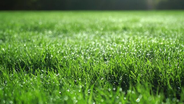 Dew drop covered grass meadow with camera move.
Shallow depth of field shot. Camera moves over wet backlit grass.