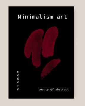 Illustration with Acrylic red brush stoke Abstract composition on black background. Minimal modern art for print, wall design, stationary, post. 