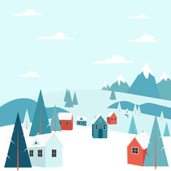 Christmas vacation in the mountains. Winter day outdoor landscape snow, warm cozy houses and pine trees. Holidays in little village house. Forest background ski resort. Vector illustration.