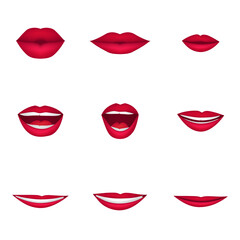 Fototapeta na wymiar Cartoon realistic 3d cute talking mouths lips for cartoon character animation. Various open woman mouth options with lips, tongue and teeth in red lipstick. Fashion glamour kiss for Valentine day. 