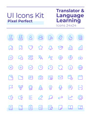 Translator pixel perfect gradient linear ui icons set. Language learning. Communication. Line contour user interface symbols. Vector isolated outline illustrations. Montserrat Bold, Light fonts used
