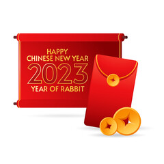 Red envelope and Chinese gold coin graphic vector. Chinese new year 2023. Year of rabbit.