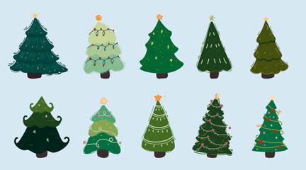 Vector set of cartoon Christmas trees, pines for greeting card, invitation, banners, web. New Years and Xmas traditional symbol tree with garlands, light bulb, star. Winter holiday. Icons collection.