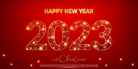 2023 Happy New Year and merry Christmas greeting background with golden snowflakes and shining stars. Elegant golden snowflakes in numeral 2023. Festive premium template for holiday. Vector EPS10.